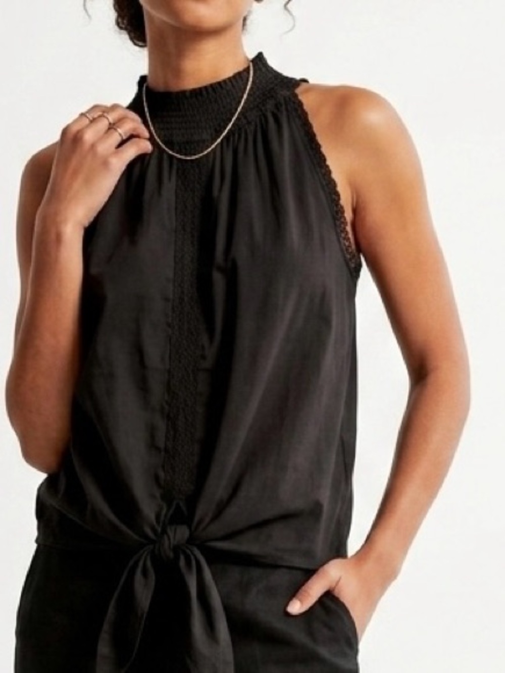 NWT Red Haute Black Smocked Halter Top | Lace Trim Front Tie Cottagecore Chic S